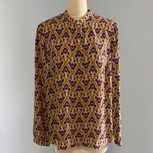 J. Jill Printed Long-Sleeve Button Down Shirt in Tan and Purple SZM